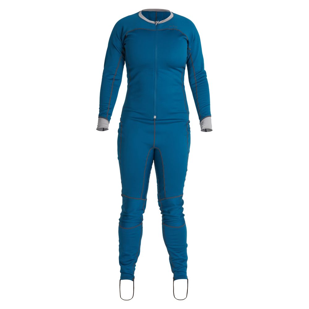 The NRS Expedition Weight Union Suit - Women's is a blue full-body jumpsuit with gray cuffs and collar, front zipper, and white foot covers, shown on an invisible mannequin—ideal as a fleece onesie for paddling.