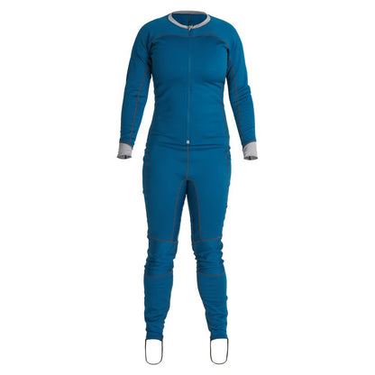 The NRS Expedition Weight Union Suit - Women's is a blue full-body jumpsuit with gray cuffs and collar, front zipper, and white foot covers, shown on an invisible mannequin—ideal as a fleece onesie for paddling.
