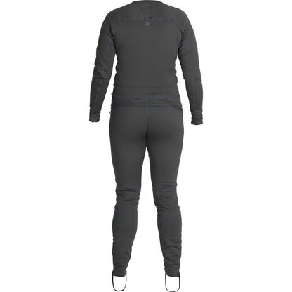 A female paddler is shown from behind wearing the NRS Expedition Weight Union Suit - Women's, a gray full-body thermal suit made from recycled materials, featuring foot straps for comfort and efficiency.