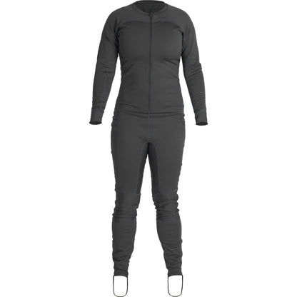 The NRS Expedition Weight Union Suit for women is a dark grey fleece onesie made from recycled materials, featuring a full-length front zipper and foot straps, ideal for female paddlers seeking warmth and comfort.