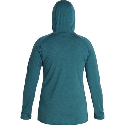 Back view of the NRS Silkweight Vesi Hoodie - Women's in teal, featuring long sleeves and a hood with UPF 50+ sun protection for outdoor comfort against a plain white background.
