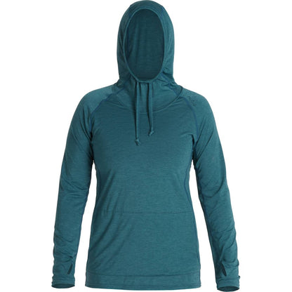 The NRS Silkweight Vesi Hoodie for Women is a teal, long-sleeve hooded shirt crafted from recycled material. It features a drawstring and provides UPF 50+ sun protection, displayed from the front.