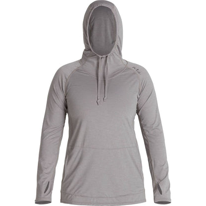 NRS's Silkweight Vesi Hoodie for women, a gray long-sleeve with drawstring hood and thumbholes, offers UPF 50+ sun protection and is shown front-facing on a plain background.