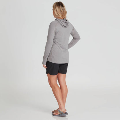Person facing away, wearing a gray NRS Silkweight Vesi Hoodie - Women's with UPF 50+ sun protection, black shorts, and sandals.