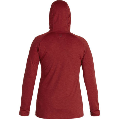 Back view of NRS Silkweight Vesi Hoodie for women in red on plain background, offering UPF 50+ for excellent sun protection.