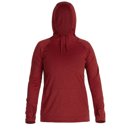 The NRS Silkweight Vesi Hoodie for women is a maroon long-sleeve pullover with drawstrings, providing UPF 50+ sun protection and superior breathability, all without visible branding or logos.