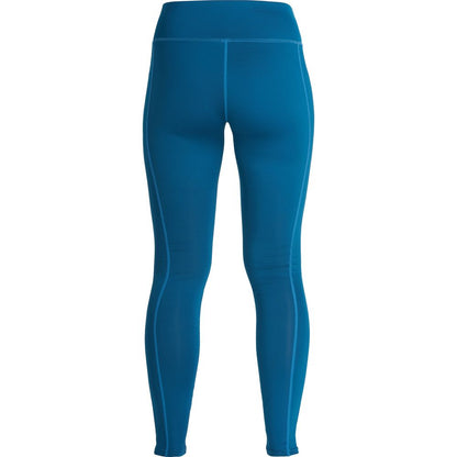 The NRS Ava Rashguard Pants - Women's, shown in blue from the back, are made from recycled fabric with high waist seam details. Ideal for outdoor activities, they provide UPF 50 sun protection.