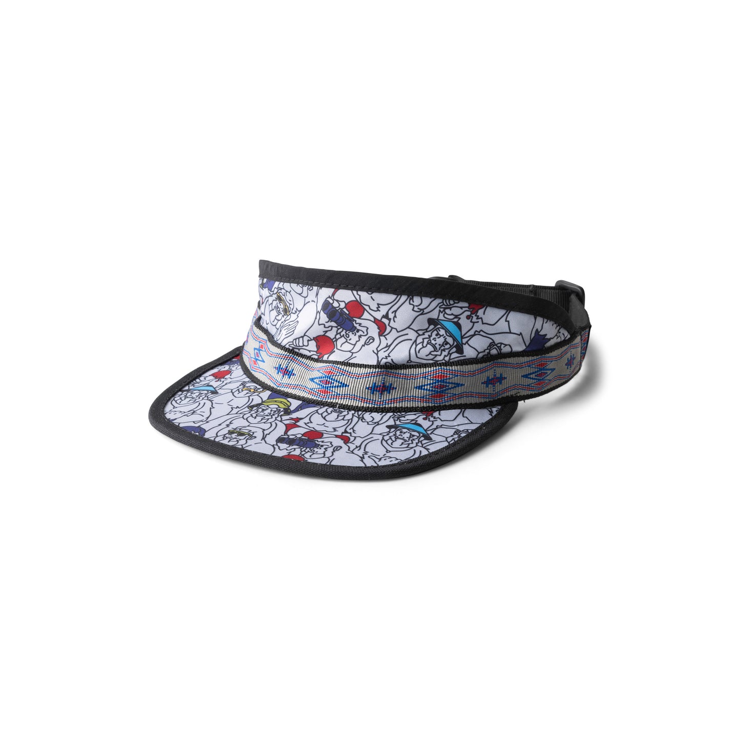 The Kavu Synthetic Strapvisor is a white visor hat with a black brim and edges, a colorful abstract pattern, and a decorative geometric band above the brim. Made in the USA from organic cotton for comfort and style.