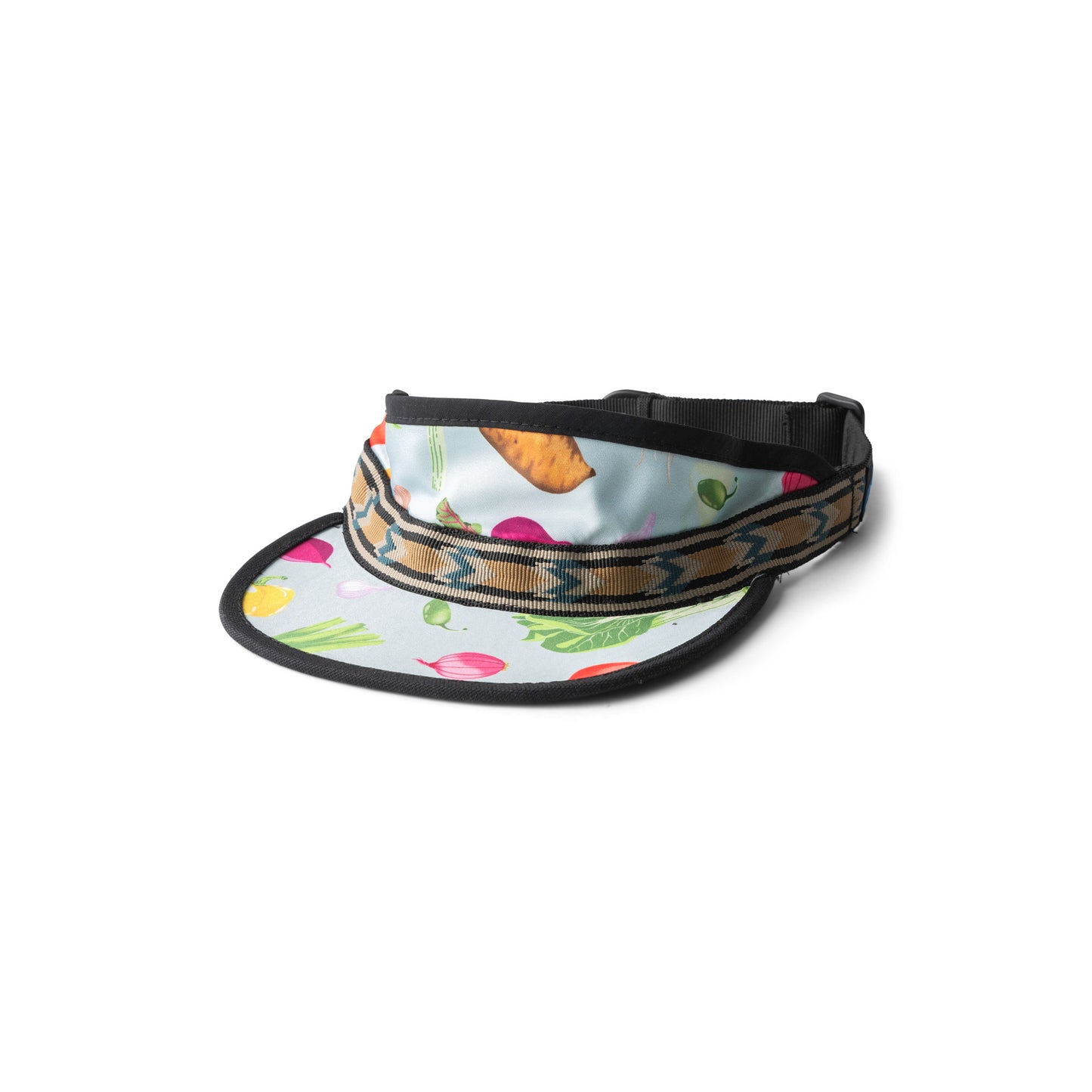 The Kavu Synthetic Strapvisor features a patterned brim and light blue crown with scattered vegetable and food designs. Made in the USA from synthetic materials for comfort and sustainability. Brand: Kavu.