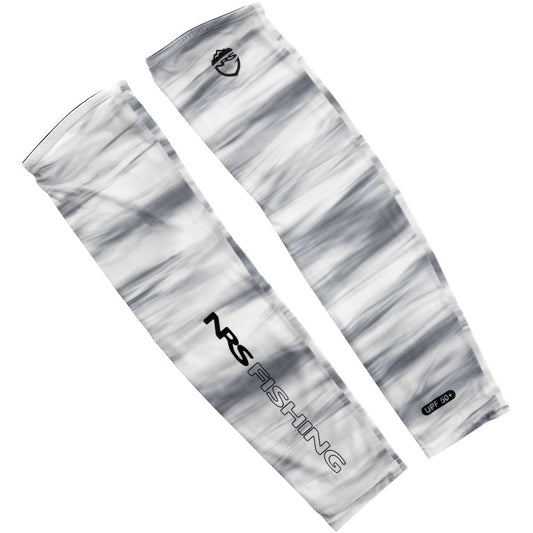 Experience ultimate sun protection with two NRS H2Ozone Sun Sleeves in gray and white pattern, featuring "NRS Fishing" and "UPF 50+" text. Their lightweight fabric is perfect for your next adventure.
