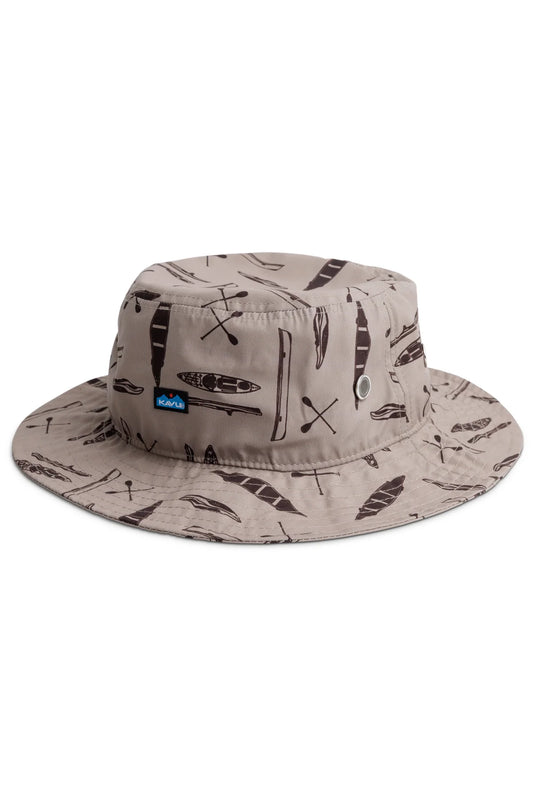 The Kavu BFE Bucket Hat is a beige wide-brim hat with a canoe and paddle print, ideal for water sports fans, and features a small blue side tag.