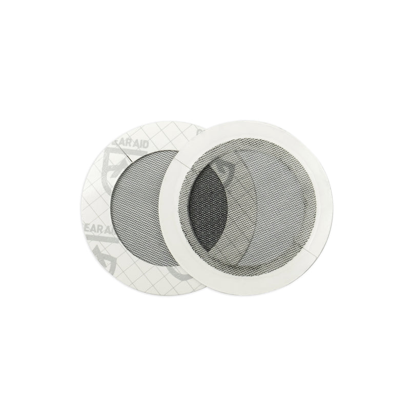 Two Gear Aid Tenacious Tape Mesh Patches with white adhesive borders, one overlapping the other, ideal for quick tent or bug screen repair, shown on a plain white background.