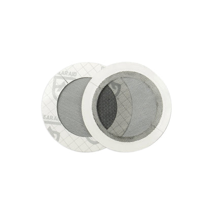 Two Gear Aid Tenacious Tape Mesh Patches with white adhesive borders, one overlapping the other, ideal for quick tent or bug screen repair, shown on a plain white background.