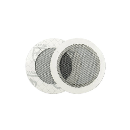 Two Gear Aid Tenacious Tape Mesh Patches with white adhesive borders, one overlapping the other, ideal for quick tent or bug screen repair, shown on a plain white background.