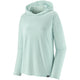 The Patagonia Cap Cool Daily Hoody - Womens is a light blue, long-sleeve technical hoody made from recycled polyester for superior moisture evaporation, shown on a white background.