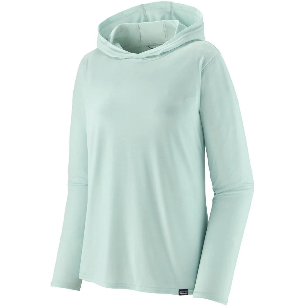 The Patagonia Cap Cool Daily Hoody - Womens is a light blue, long-sleeve technical hoody made from recycled polyester for superior moisture evaporation, shown on a white background.