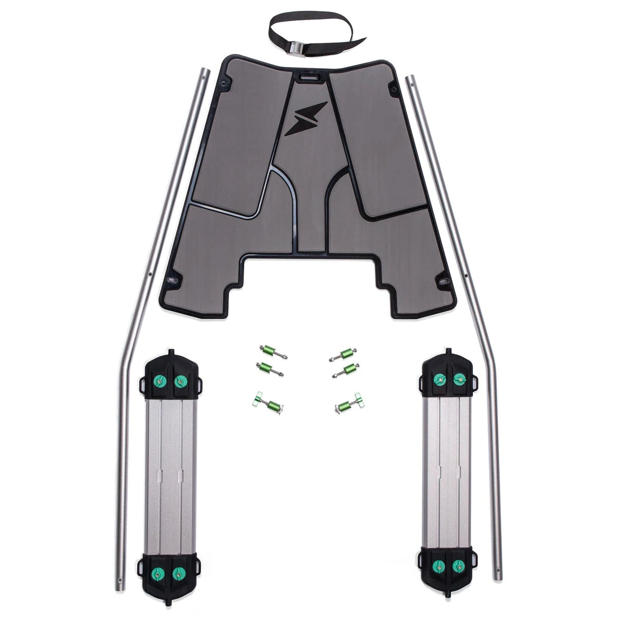 A set of disassembled scooter parts, featuring a platform, metal rods, green connectors, and footrests on a white background, mirrors the precision of the Newport Bow Mount Plate for NS130.