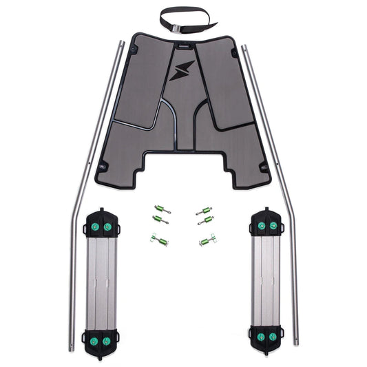 A set of disassembled scooter parts, featuring a platform, metal rods, green connectors, and footrests on a white background, mirrors the precision of the Newport Bow Mount Plate for NS130.