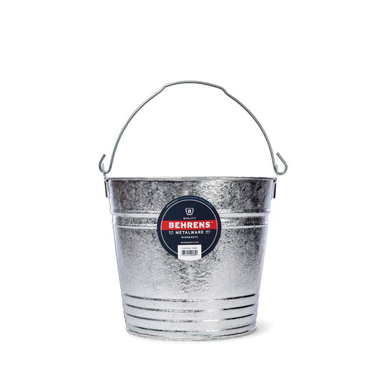The Behrens 3.5 Gallon Dish Pail is a galvanized, plastic-free steel pail with a handle and a Behrens label on the front.
