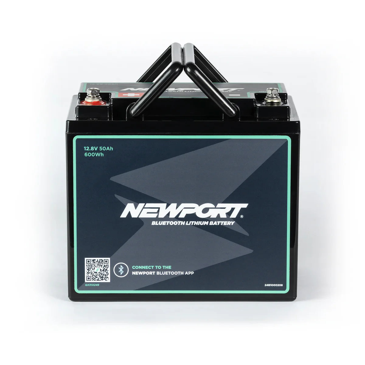 The Black Newport Lithium Boat Battery, a 12.8V 50Ah 640Wh model with dual handles, connects easily to the Newport Bluetooth app for seamless monitoring, similar to the advanced Newport 12V30 LiFePO4 battery.
