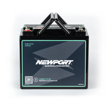 Rectangular Newport 12v Lithium Boat Battery with black casing, top handle, and specs label (12.8V, 50Ah, 600Wh)—perfect kayak battery with Bluetooth monitoring for easy status checks.