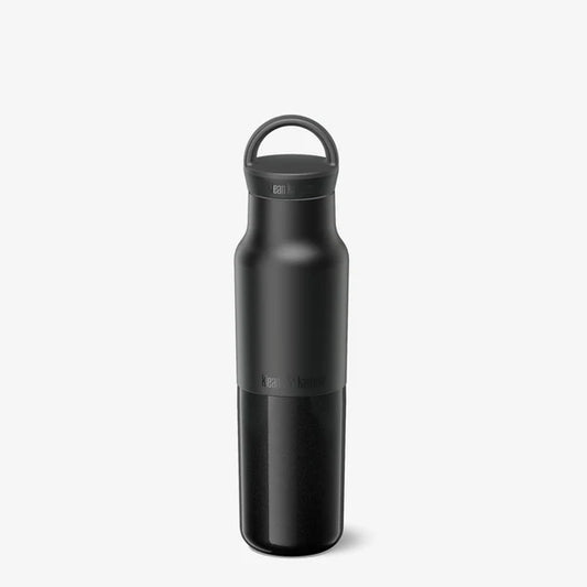 The Klean Kanteen Rise Vac Classic 12oz w/Arch Loop is a matte black insulated water bottle with a screw-on lid and circular handle, leakproof and portable, displayed against a plain light background.