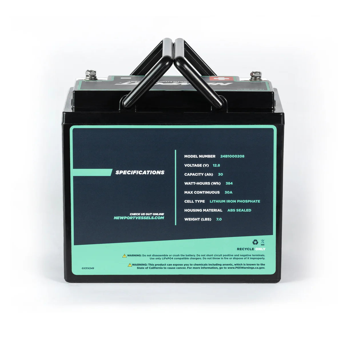 The Newport Lithium Boat Battery, model 24BP1000200, provides a lightweight 7 lb design with a robust 12.8V, 24Ah capacity. It features Bluetooth monitoring for enhanced management and includes visible recycle and warning labels for safety and sustainability.