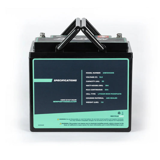 The Newport Lithium Boat Battery, model 24BP1000200, provides a lightweight 7 lb design with a robust 12.8V, 24Ah capacity. It features Bluetooth monitoring for enhanced management and includes visible recycle and warning labels for safety and sustainability.