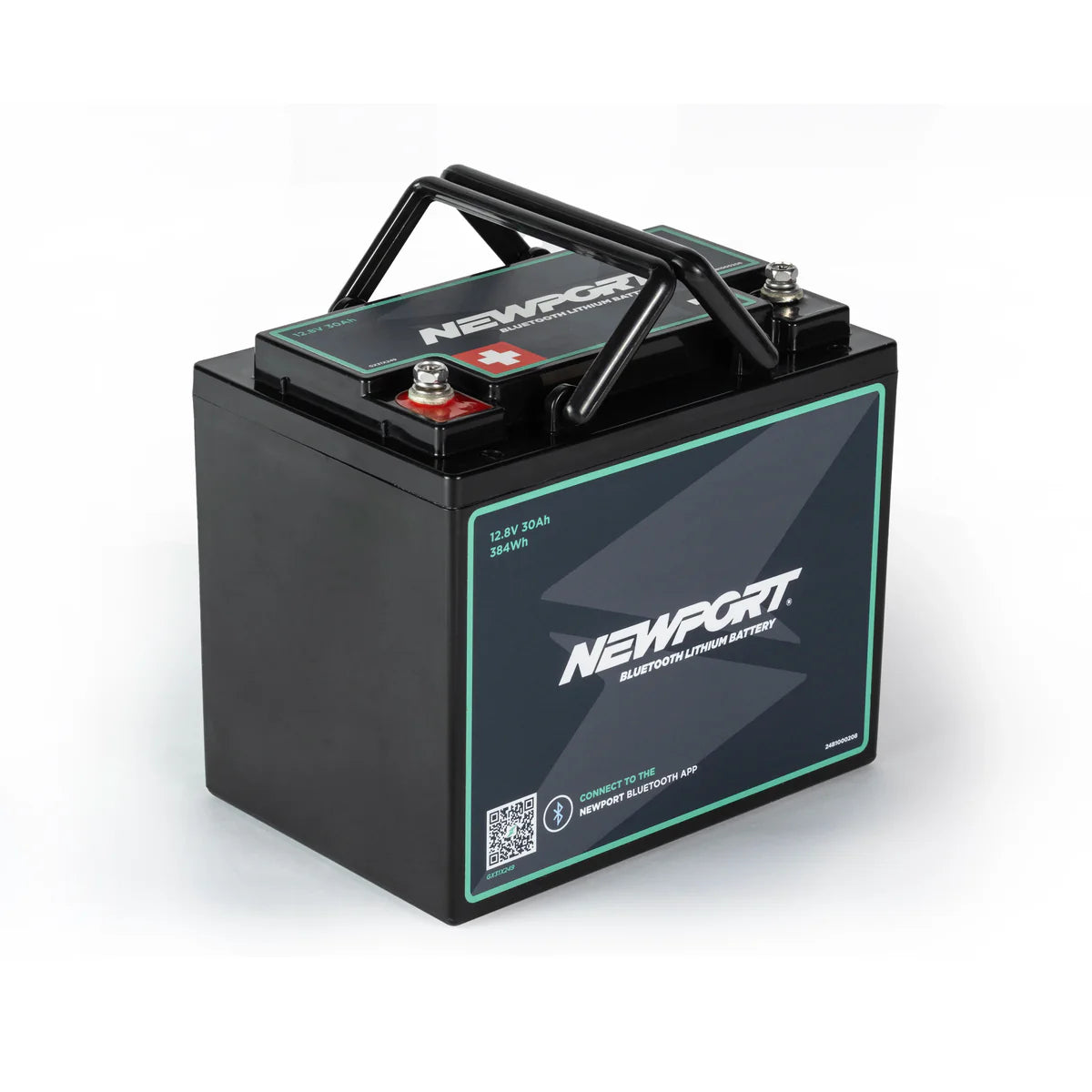 The Newport Lithium Boat Battery is a lightweight powerhouse with two top terminals and a handy carrying handle. It features Bluetooth monitoring, labels showing specs, and a QR code for efficiency and convenience.