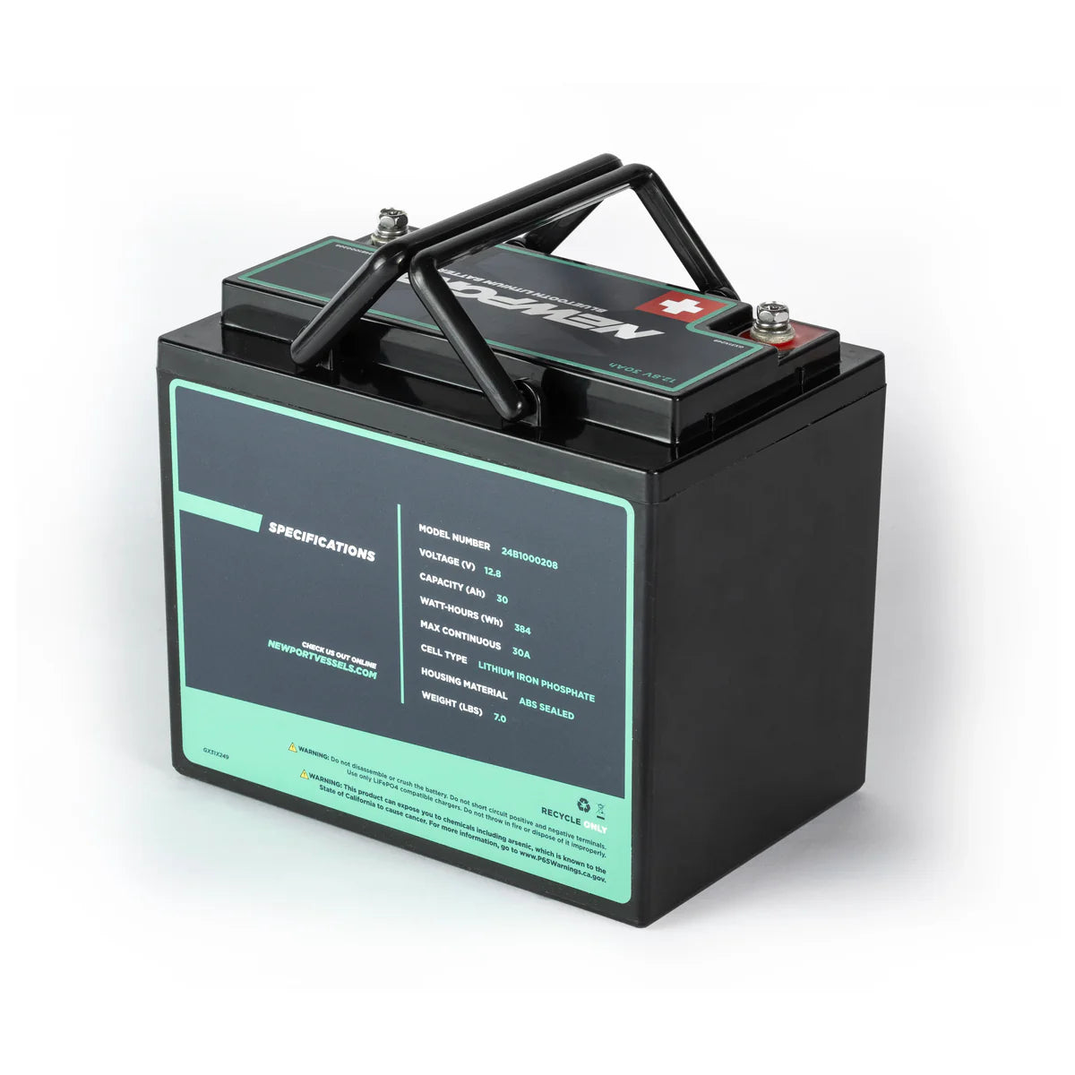 The Newport Lithium Boat Battery features dual handles, Bluetooth monitoring, and green text specifications on its side. This black 12V30 LiFePO4 battery is perfect for those seeking a lightweight solution.