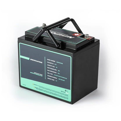 The Newport 12v Lithium Boat Battery is a black, rectangular LiFePO4 battery with a top handle and side specifications label—an ideal, reliable kayak power source—shown against a plain white background.