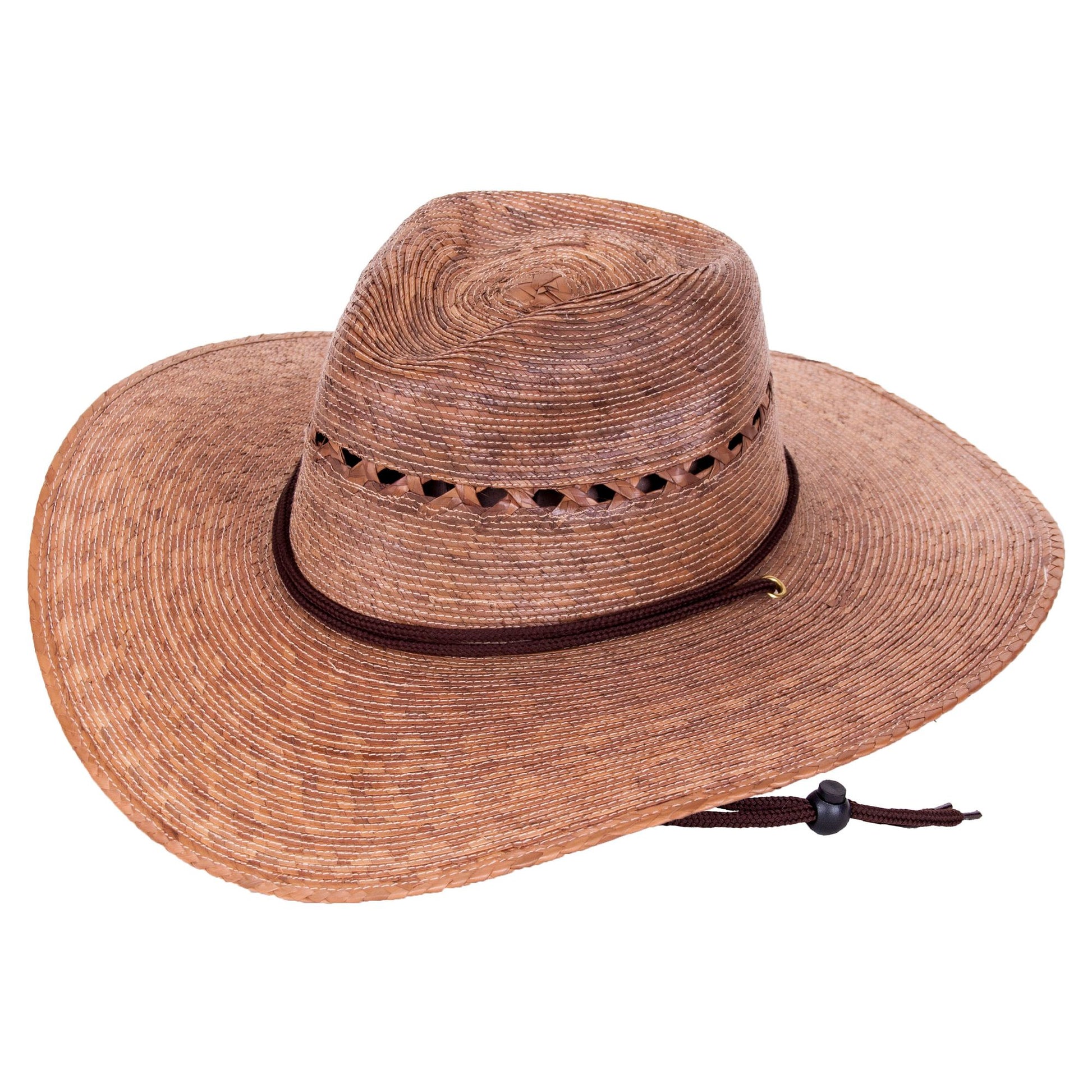 A wide-brimmed NRS Tula Lattice Gardener Hat, constructed from lightweight palm material, isolated on a white background.