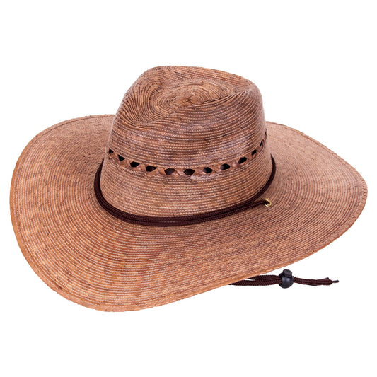 A wide-brimmed NRS Tula Lattice Gardener Hat, constructed from lightweight palm material, isolated on a white background.