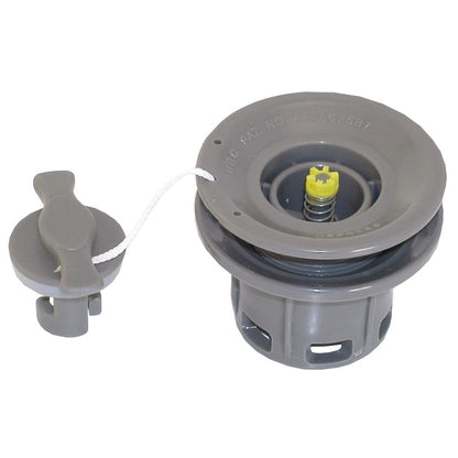 A gray mechanical component from NRS with a circular design and attached string, featuring a yellow center element and part resembling a detachable Halkey-Roberts Short Valve, ideal for replacement.