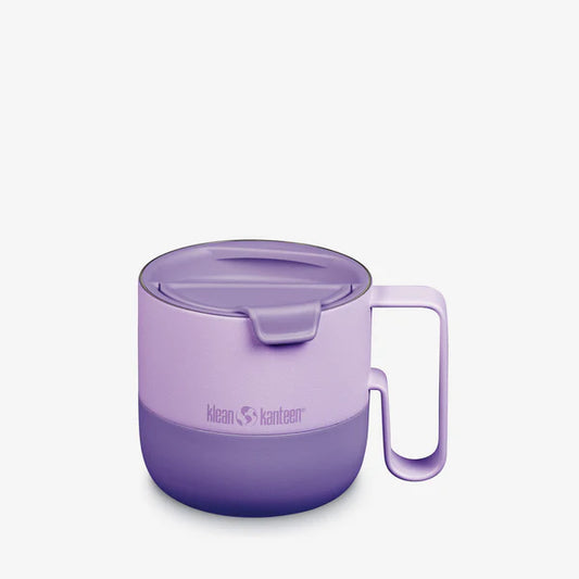 A purple Klean Kanteen Rise Mug 14oz with a flip lid and handle is pictured on a plain white background.