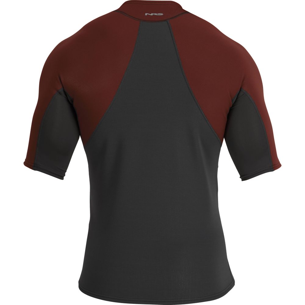 Back view of the NRS Hydroskin 0.5mm Short Sleeve Shirt - Men's, showcasing its two-tone design with dark red shoulders and a black body, created to enhance paddling performance.