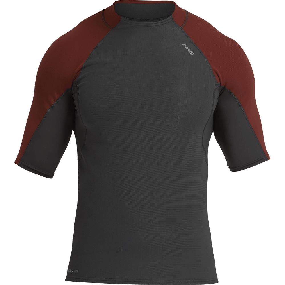 The NRS Hydroskin 0.5mm Short Sleeve Men's Shirt is a black and maroon athletic top with a crew neckline, designed to enhance paddling performance, standing out against the white background.