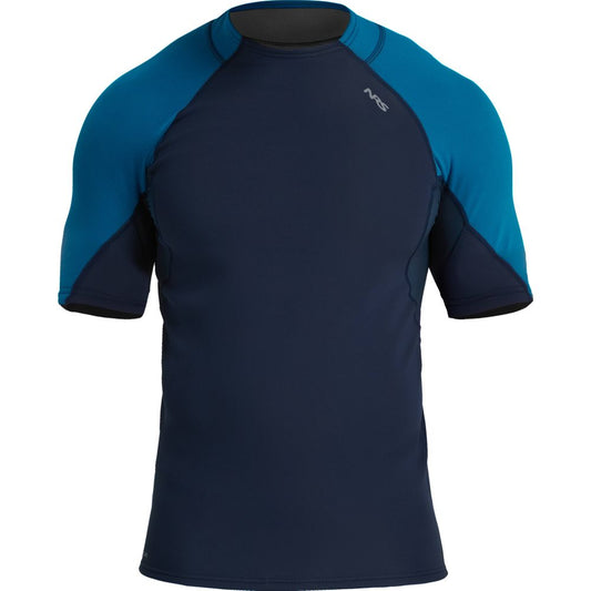 The HydroSkin 0.5mm Short Sleeve Shirt by NRS is a blue/navy rash guard with a chest logo, designed for superior paddling performance.