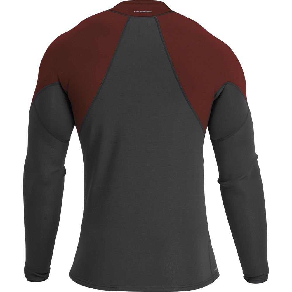 Rear view of the NRS Hydroskin 0.5mm Long Sleeve Shirt (Men's), showcasing dark gray sleeves and back with maroon shoulder panels, designed to boost paddling performance.