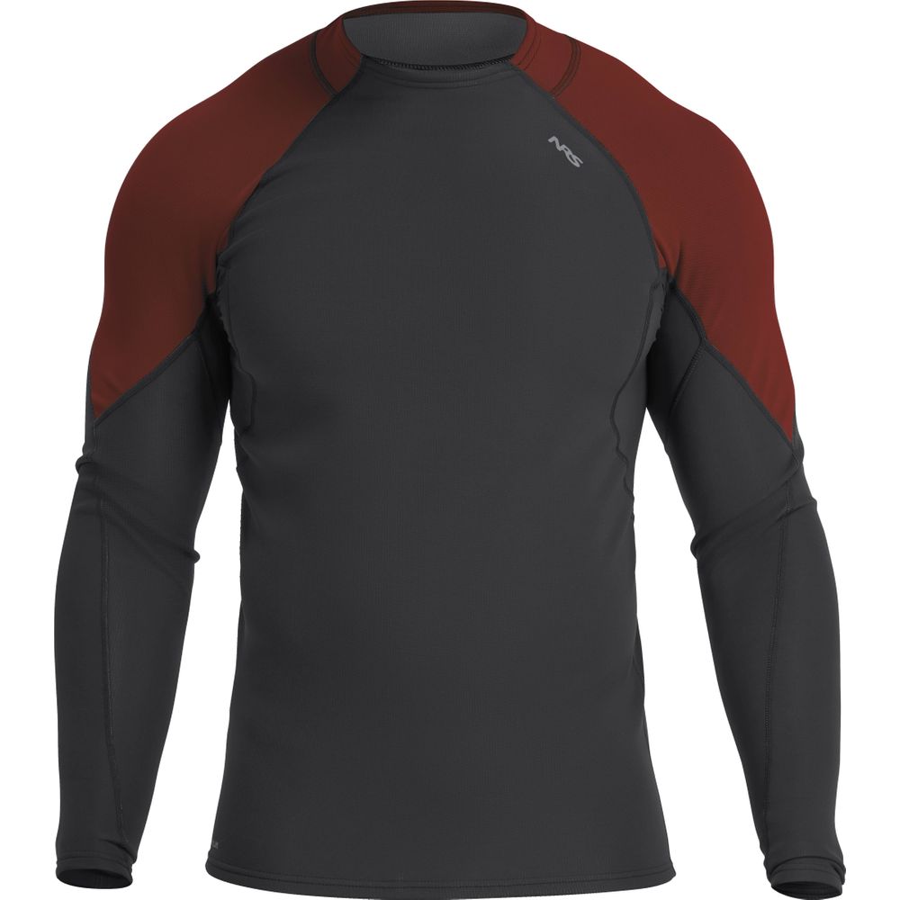 The NRS Hydroskin 0.5mm Long Sleeve Shirt - Men's is a long-sleeve rash guard with a dark gray body and maroon sleeves, designed as an insulating neoprene paddling top for comfort and protection during water adventures.