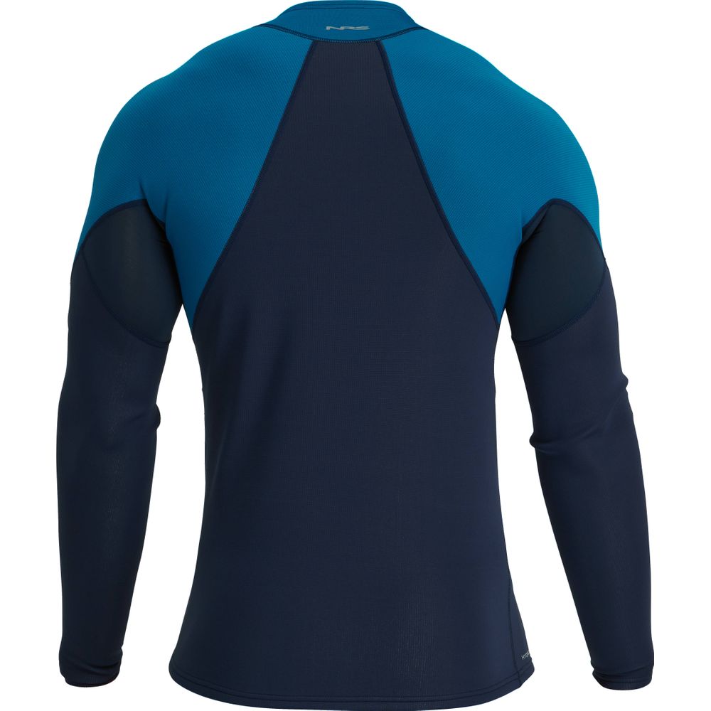 The Hydroskin 0.5mm Long Sleeve Shirt - Men's by NRS is a dark blue athletic top with turquoise shoulders and upper back, designed for optimal paddling performance, showcased from the back.