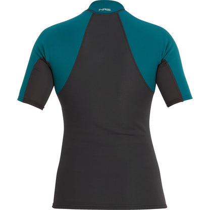 The back view of the NRS Hydroskin 0.5mm Short Sleeve Shirt for women in teal and black showcases its excellent water retention.