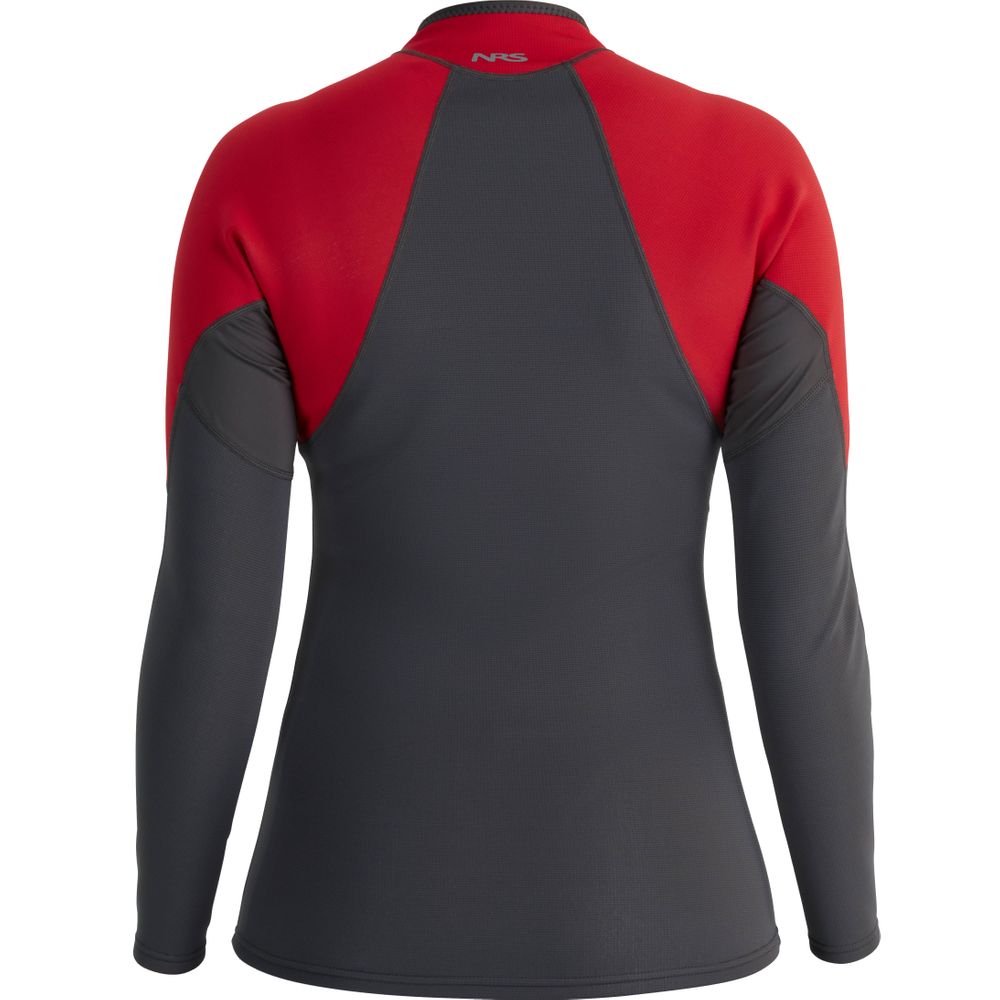 The NRS Hydroskin 0.5mm Long Sleeve Shirt for women has an insulating top with vibrant red shoulders and a dark gray body and sleeves, designed to enhance paddling performance, viewed from the back.