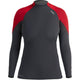 Displayed against a white background, the NRS Hydroskin 0.5mm Long Sleeve Shirt - Women's features black with red shoulders and a chest logo. Engineered for optimal paddling performance, it provides essential insulation for cooler waters.
