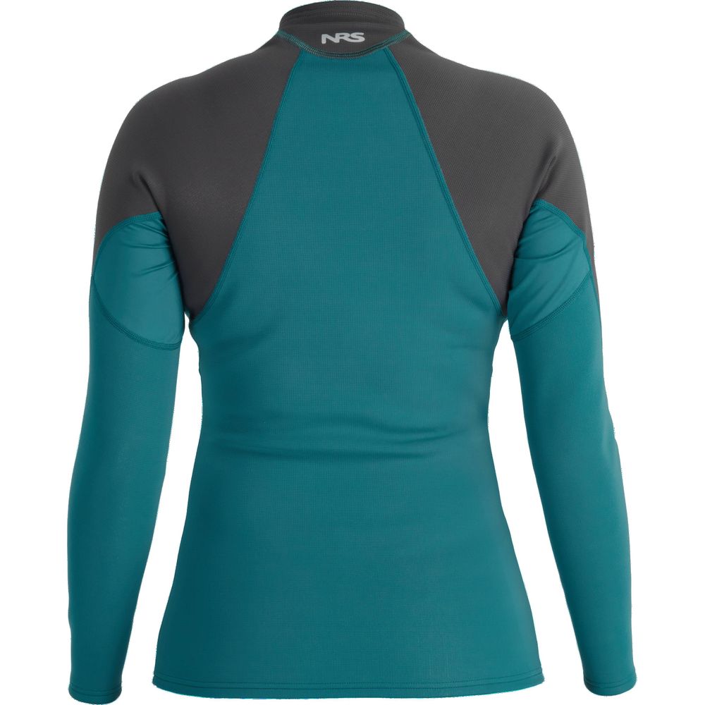 Rear view of the NRS Hydroskin 0.5mm Long Sleeve Shirt - Women's in teal and gray, featuring visible seams and a mock neck, ideal for enhanced paddling performance.