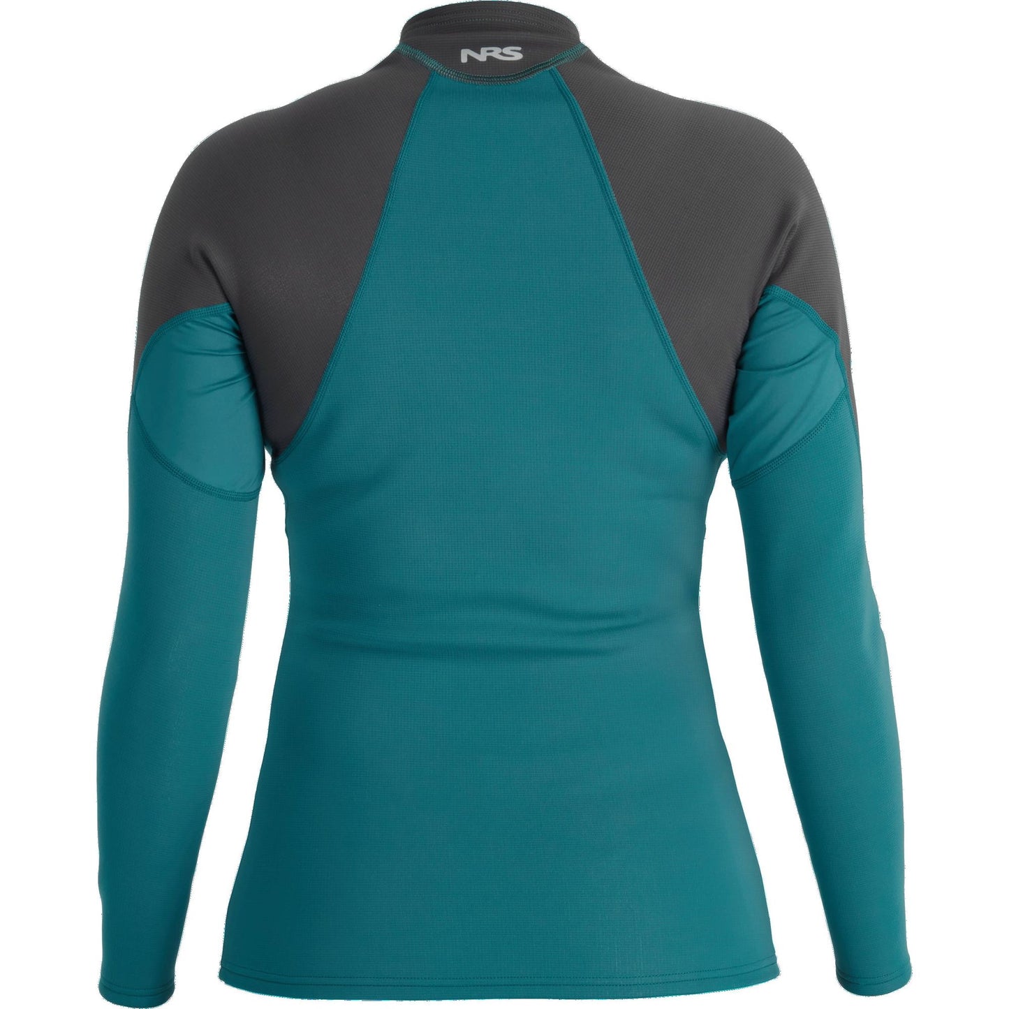 The back view of a women's long-sleeved NRS Hydroskin 0.5 Long Sleeve Shirt - Women's, an insulating top in her layering arsenal.
