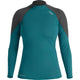The NRS Hydroskin 0.5mm Long Sleeve Shirt for women, in teal and black, is designed for optimal paddling performance. It features a small logo on the chest and shoulder, providing warmth in cooler waters without compromising flexibility.
