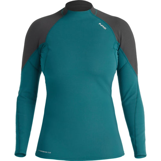 The NRS Hydroskin 0.5mm Long Sleeve Shirt for women, in teal and black, is designed for optimal paddling performance. It features a small logo on the chest and shoulder, providing warmth in cooler waters without compromising flexibility.