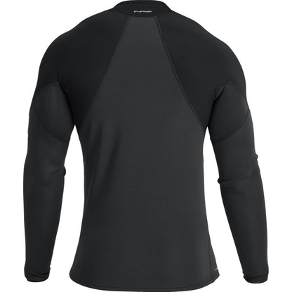 Back view of the NRS Hydroskin 0.5mm Jacket - Men's, a black long-sleeve compression shirt with textured panels, designed for athletic wear and enhanced with neoprene warmth for added comfort.