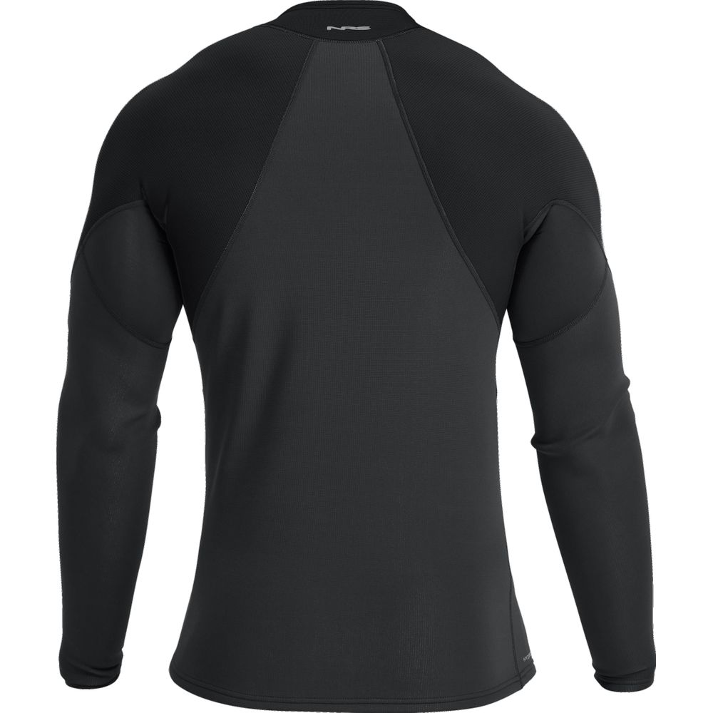 The back view of a black long-sleeved wetsuit, such as the NRS Hydroskin 0.5 Jacket - Men's, a mid-weight insulating top perfect for immersible activities.
